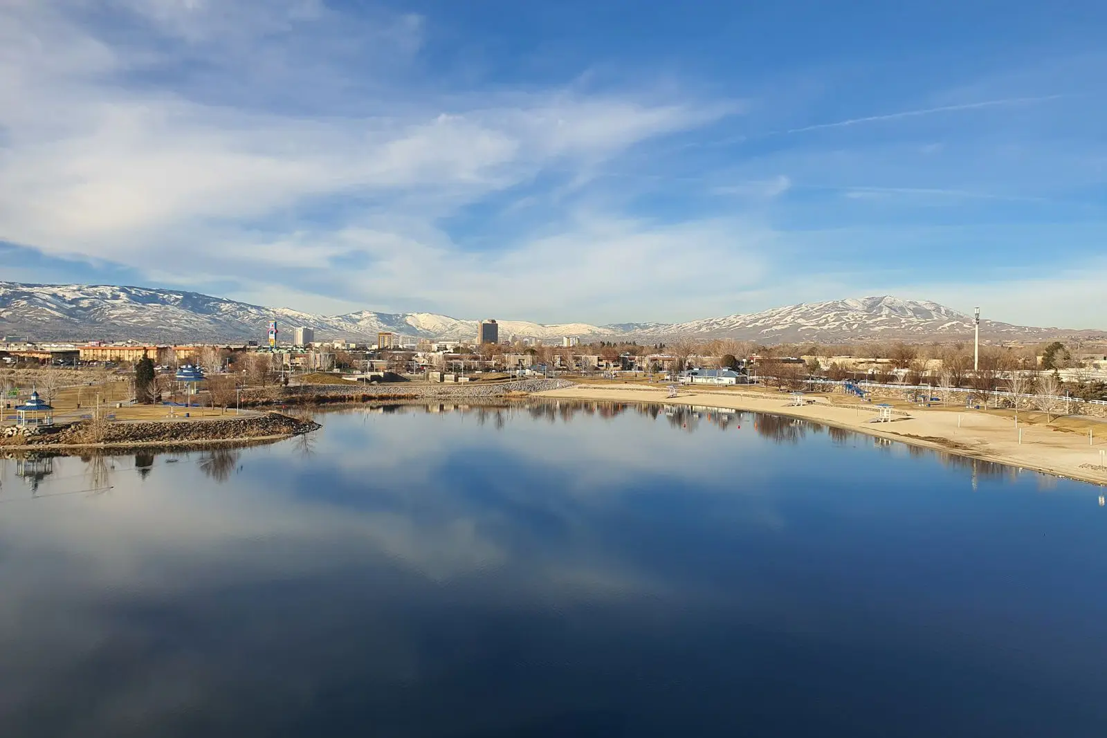 Reno-area lake with the Sierra Nevada in the distance